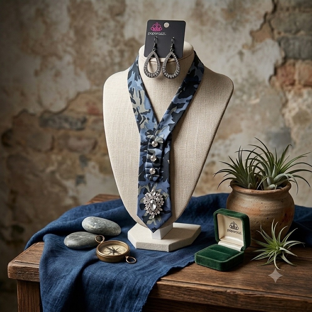 Echo Silk Camo Statement Tie Necklace Rhinestone Brooch & Paparazzi Earrings Set